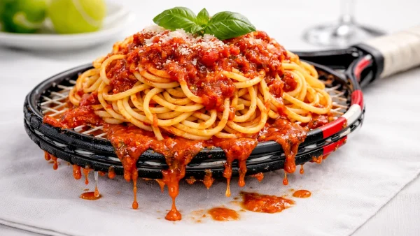 Espaguetis servidos en una raqueta de tenis