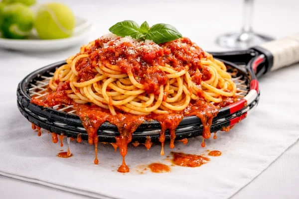 Espaguetis servidos en una raqueta de tenis