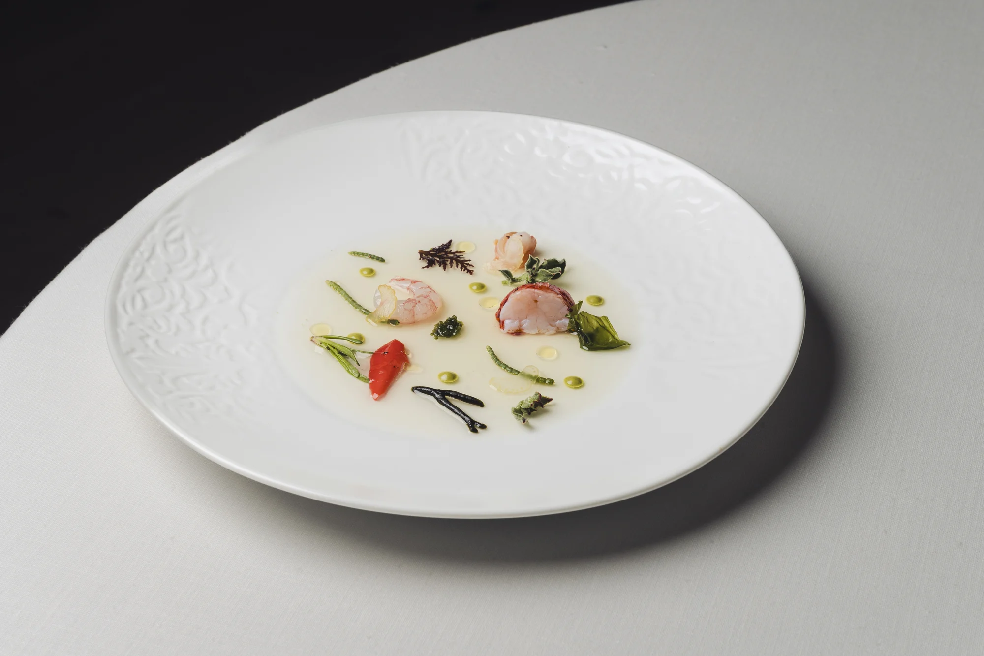 René salpicón, agua, algas, halófitas y mariscos