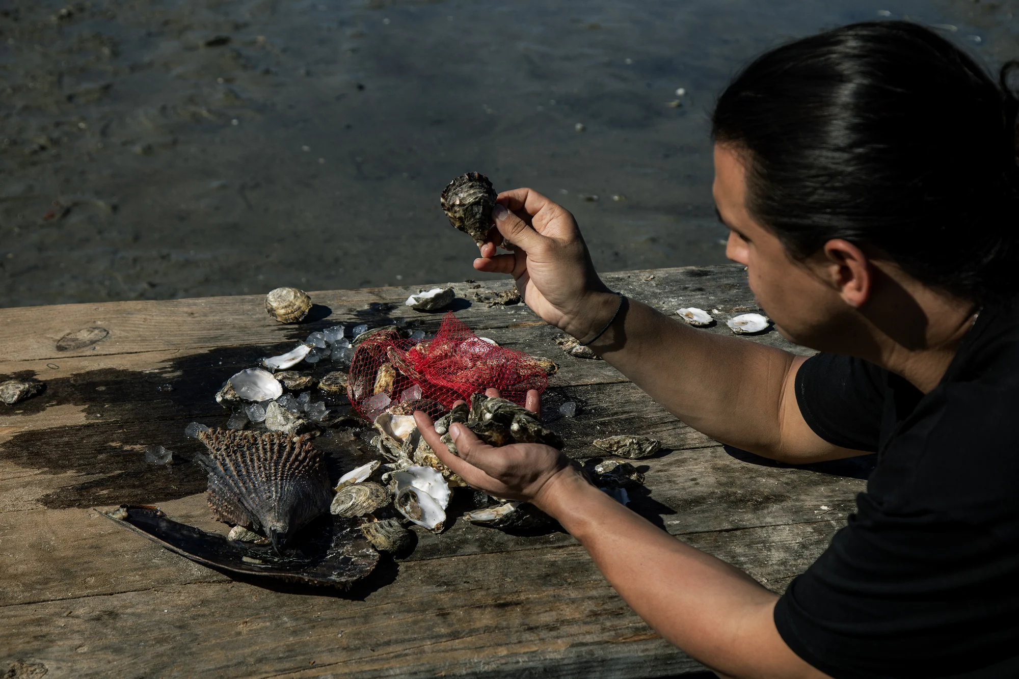 Santiago Muñoz (Maizajo), recolectando conchas marinas.